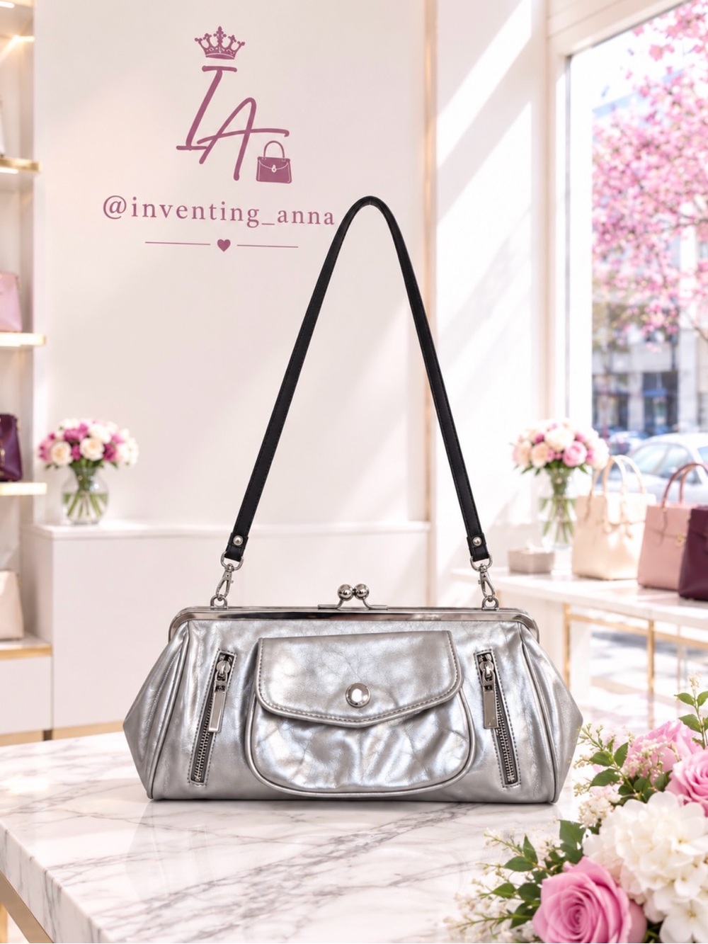 NINE WEST Metallic Silver Frame Clutch w/Kiss Lock and Crossbody Strap